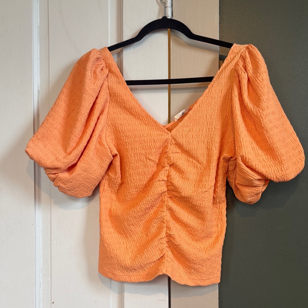 Kori Peach Textured Puff Sleeve V-Neck Top